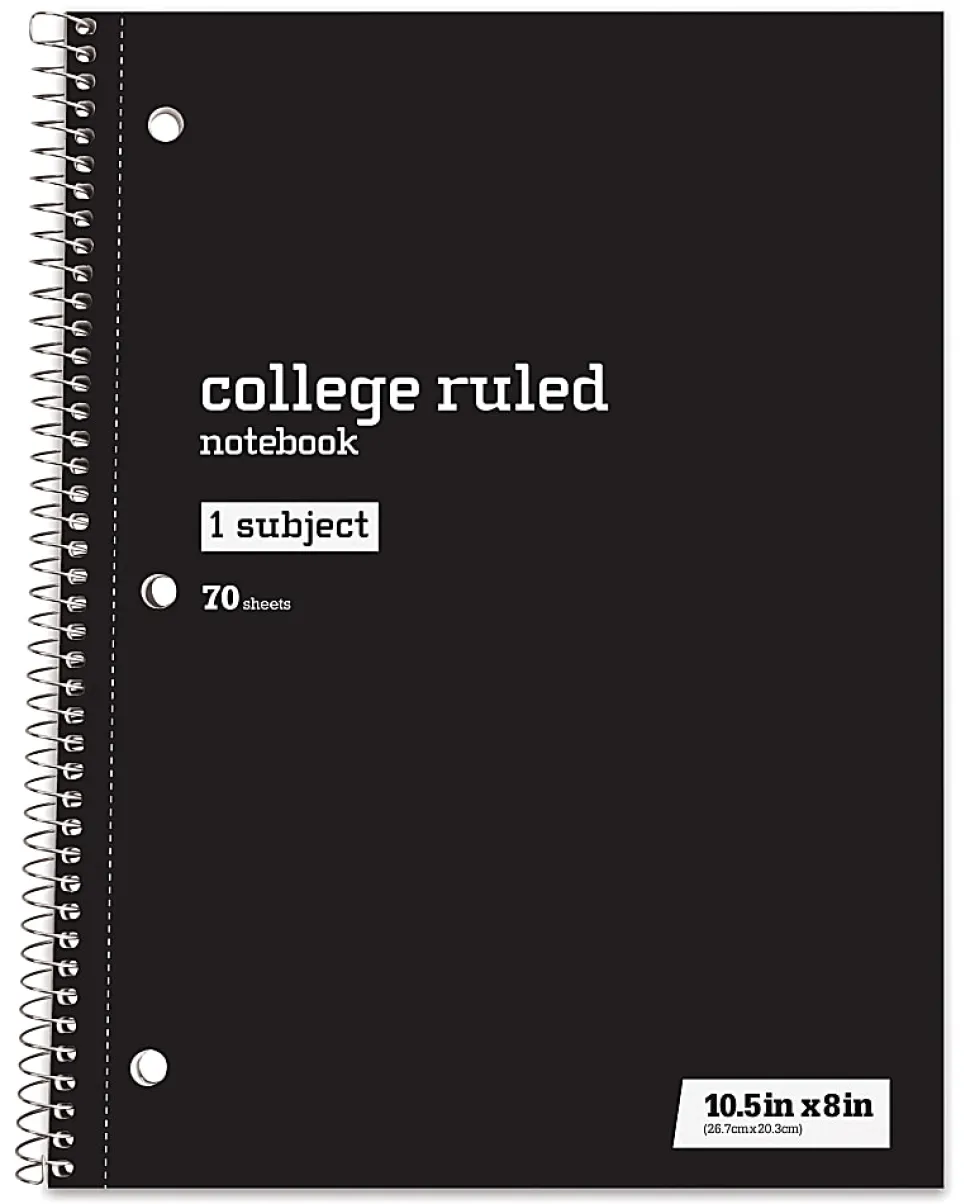 Just Basics® Spiral Notebook, 8" x 10-1/2", College Ruled, 70 Sheets, Black