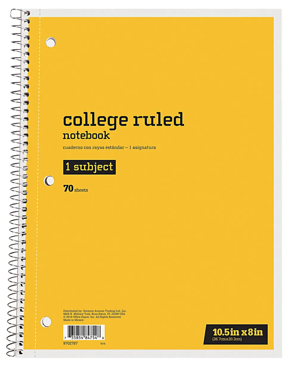 Just Basics® Spiral Notebook, 8" x 10-1/2", College Ruled, 70 Sheets, Yellow