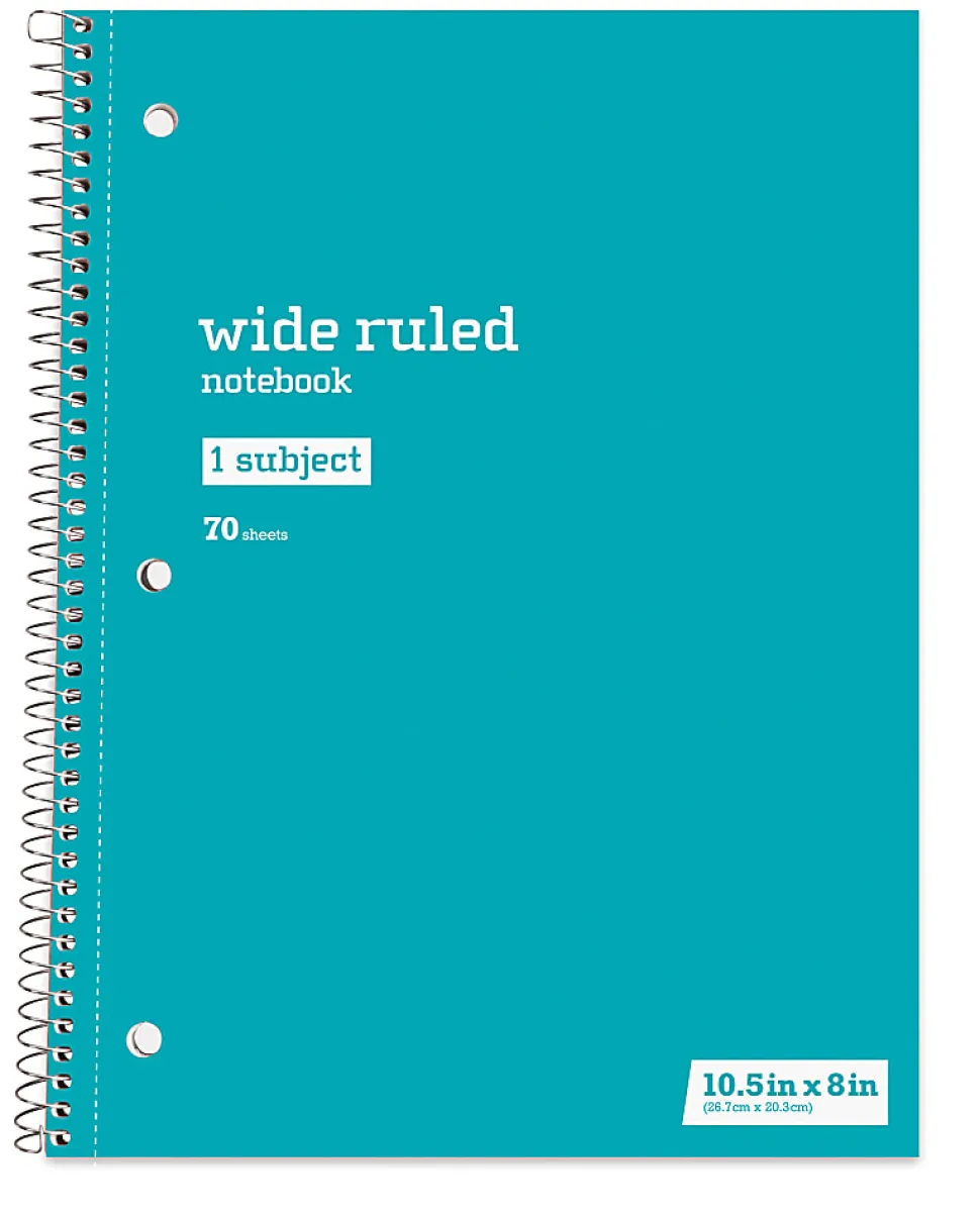 Just Basics® Wirebound Notebook, 8" x 10-1/2", Wide Ruled, 70 Sheets, Assorted Colors, Pack Of 6