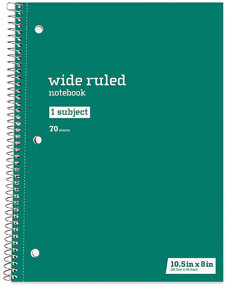 Just Basics® Wirebound Notebook, 8" x 10-1/2", Wide Ruled, 70 Sheets, Assorted Colors, Pack Of 6