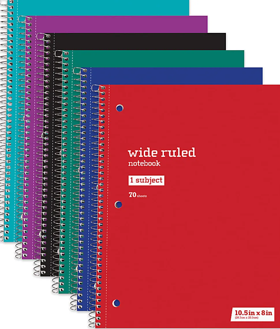 Just Basics® Wirebound Notebook, 8" x 10-1/2", Wide Ruled, 70 Sheets, Assorted Colors, Pack Of 6
