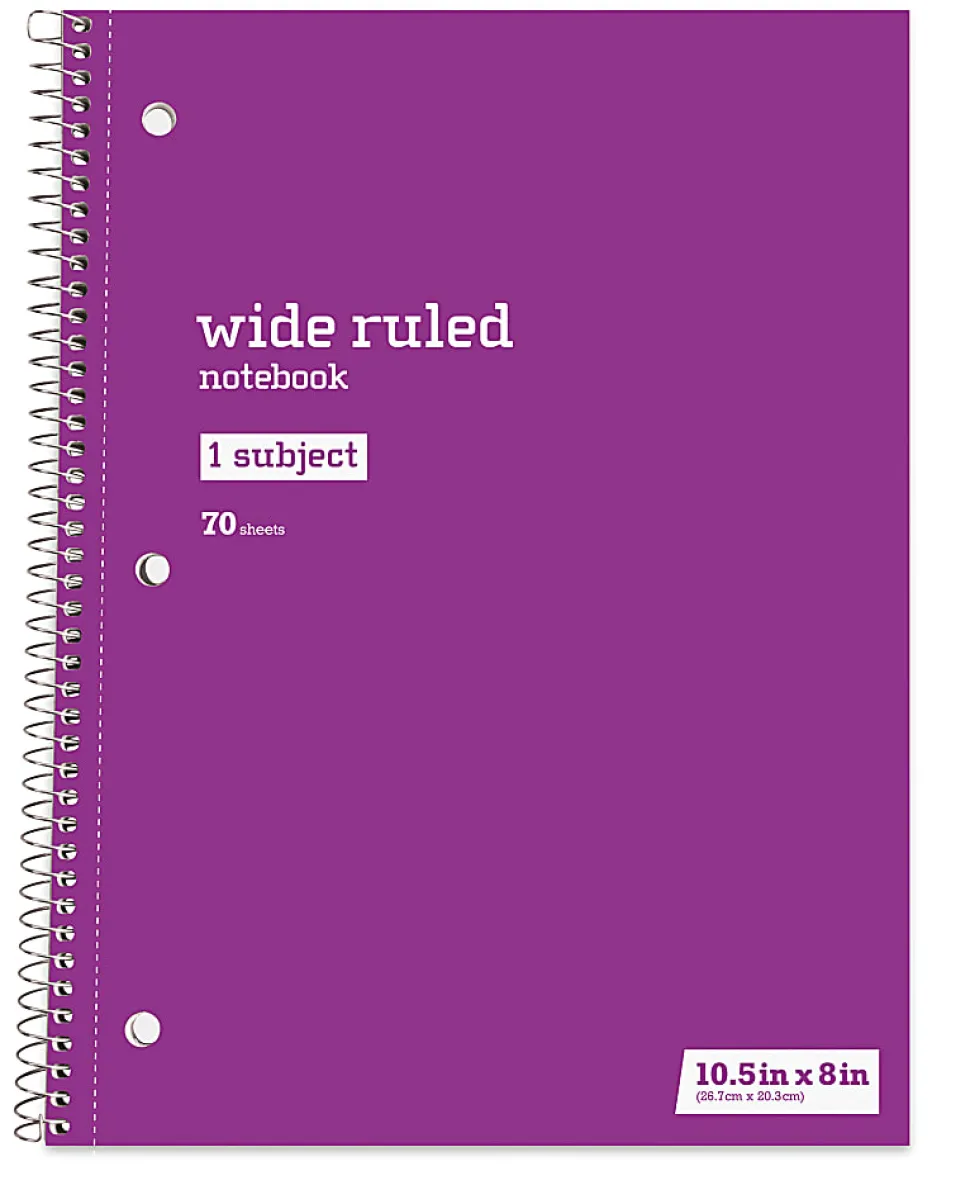 Just Basics® Wirebound Notebook, 8" x 10-1/2", Wide Ruled, 70 Sheets, Assorted Colors, Pack Of 6