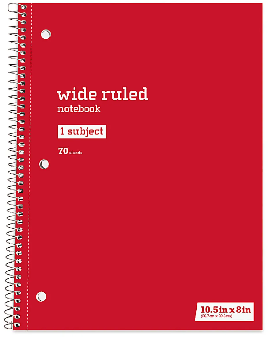Just Basics® Wirebound Notebook, 8" x 10-1/2", Wide Ruled, 70 Sheets, Assorted Colors, Pack Of 6