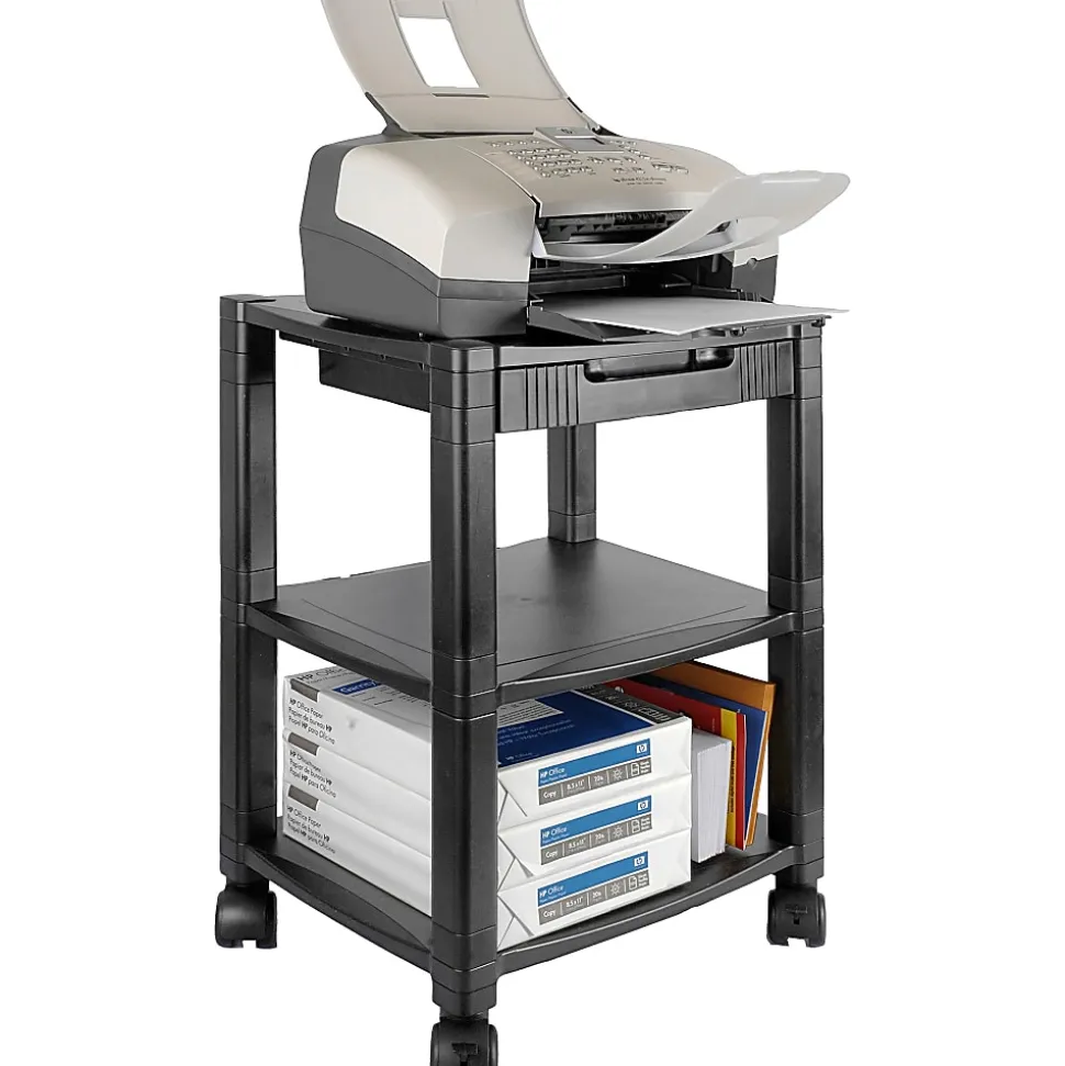 Kantek 3-Shelf Mobile Printer/Fax Stand, 19 3/4"-24 1/4"H x 17"W x 13 1/4"D, Black