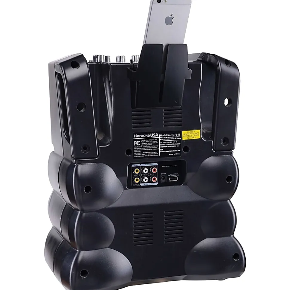 Karaoke USA GF946 Bluetooth Karaoke Machine With Synchronized LEDs, 10”H x 13”W x 17-13/16”D, Black