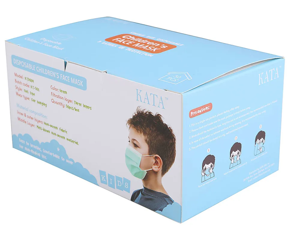 Kata 3-Ply Pleated Disposable Children's Face Masks, One Size, Green, Box Of 50 Masks