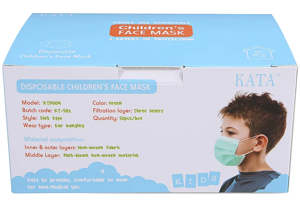 Kata 3-Ply Pleated Disposable Children's Face Masks, One Size, Green, Box Of 50 Masks