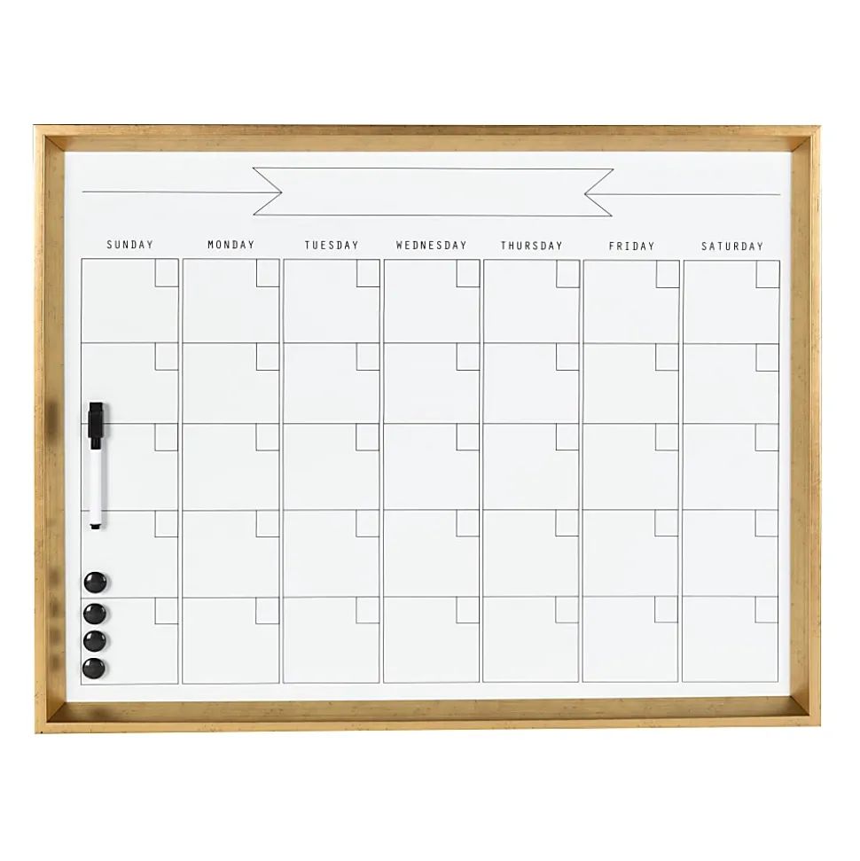 Kate and Laurel Calter Magnetic Framed Dry-Erase Calendar, Melamine, 21-1/4” x 27-1/2”, White, Gold Plastic Frame