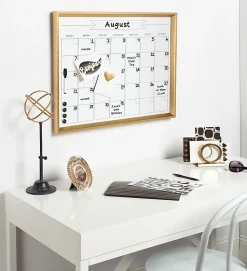 Kate and Laurel Calter Magnetic Framed Dry-Erase Calendar, Melamine, 21-1/4” x 27-1/2”, White, Gold Plastic Frame