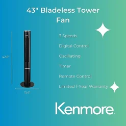 Kenmore Bladeless Tower Fan - 3 Speed - Bladeless, Oscillating, Timer, Energy Efficient - Black