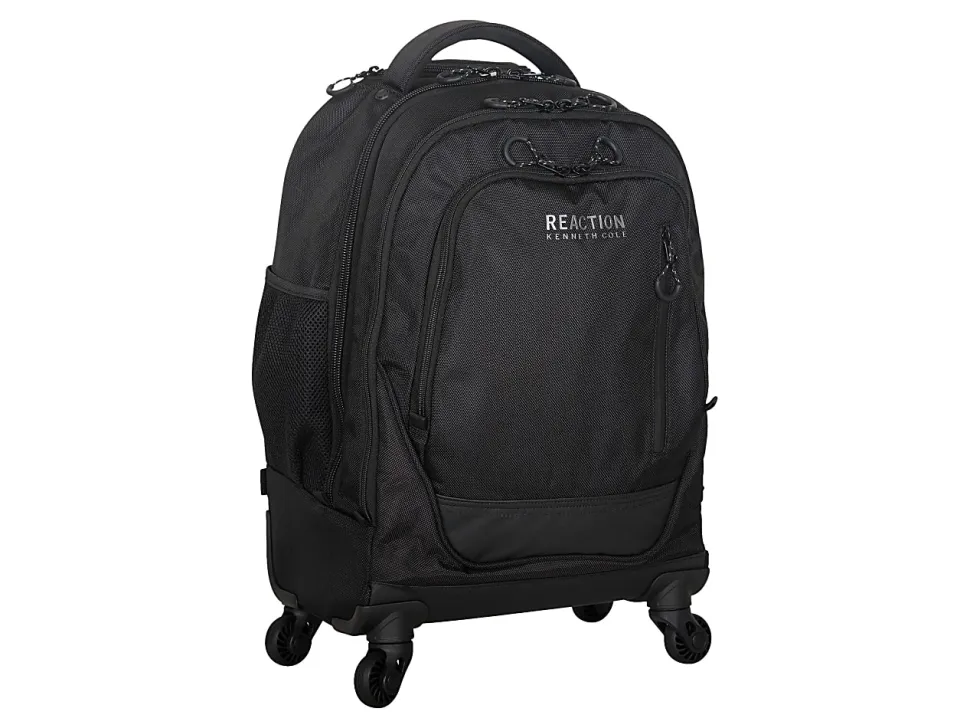 Kenneth Cole Reaction Polyester Double-Compartment 4-Wheel Rolling Backpack With 17" Laptop Pocket, Black