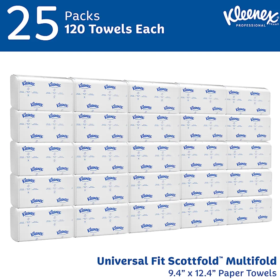 Kleenex® Scottfold™ Multifold 1-Ply Paper Towels with Fast-Drying Absorbency Pockets, White, 120 Sheets Per Pack, Case Of 25 Packs