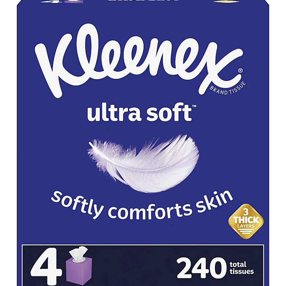 Kleenex® Ultra Soft 3-Ply Unscented Tissues, 8-1/4" x 8-7/16", 65 Per Box, Pack Of 4 Boxes