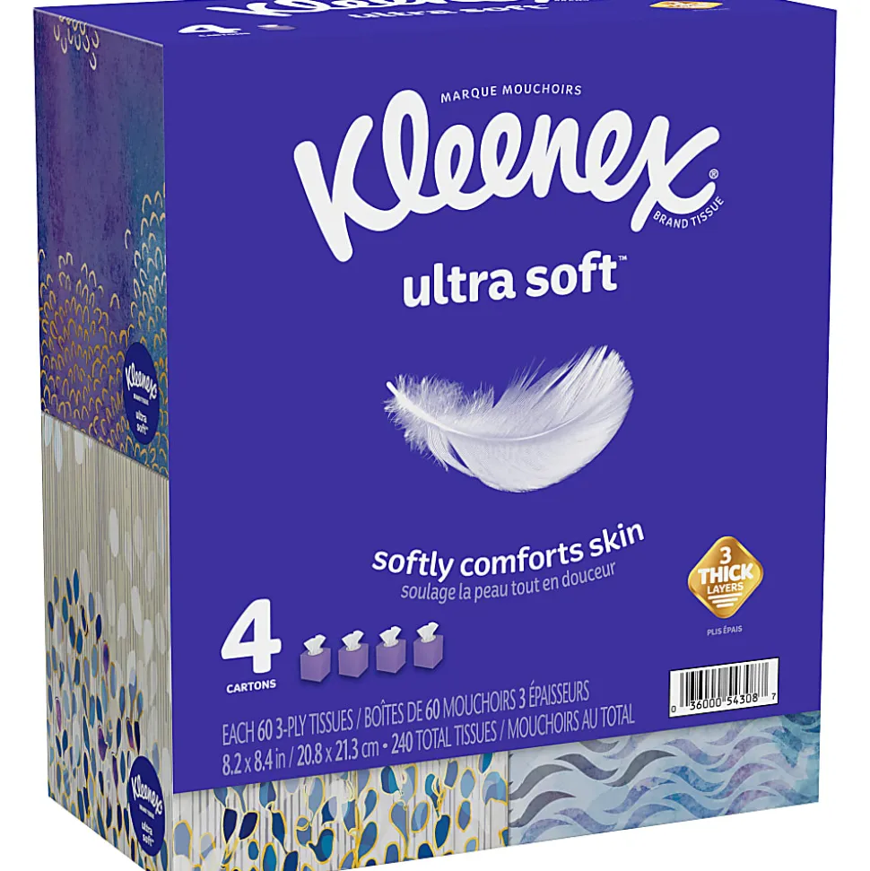 Kleenex® Ultra Soft 3-Ply Unscented Tissues, 8-1/4" x 8-7/16", 65 Per Box, Pack Of 4 Boxes