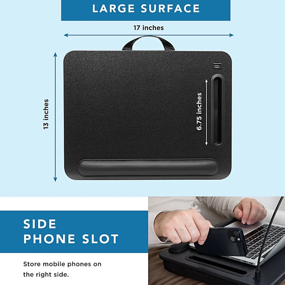 LapGear Sidekick Lap Desk With LED Light, 17" x 13", Black