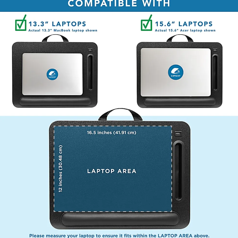 LapGear Sidekick Lap Desk With LED Light, 17" x 13", Black