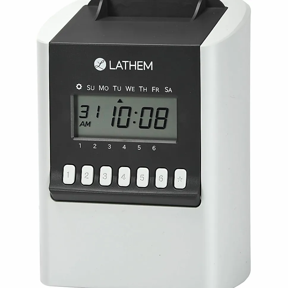 Lathem Calculating Electronic Time Clock, 100 Employees, 6-15/16”H x 5-1/4”W x 9-5/8”D, Gray, 700E