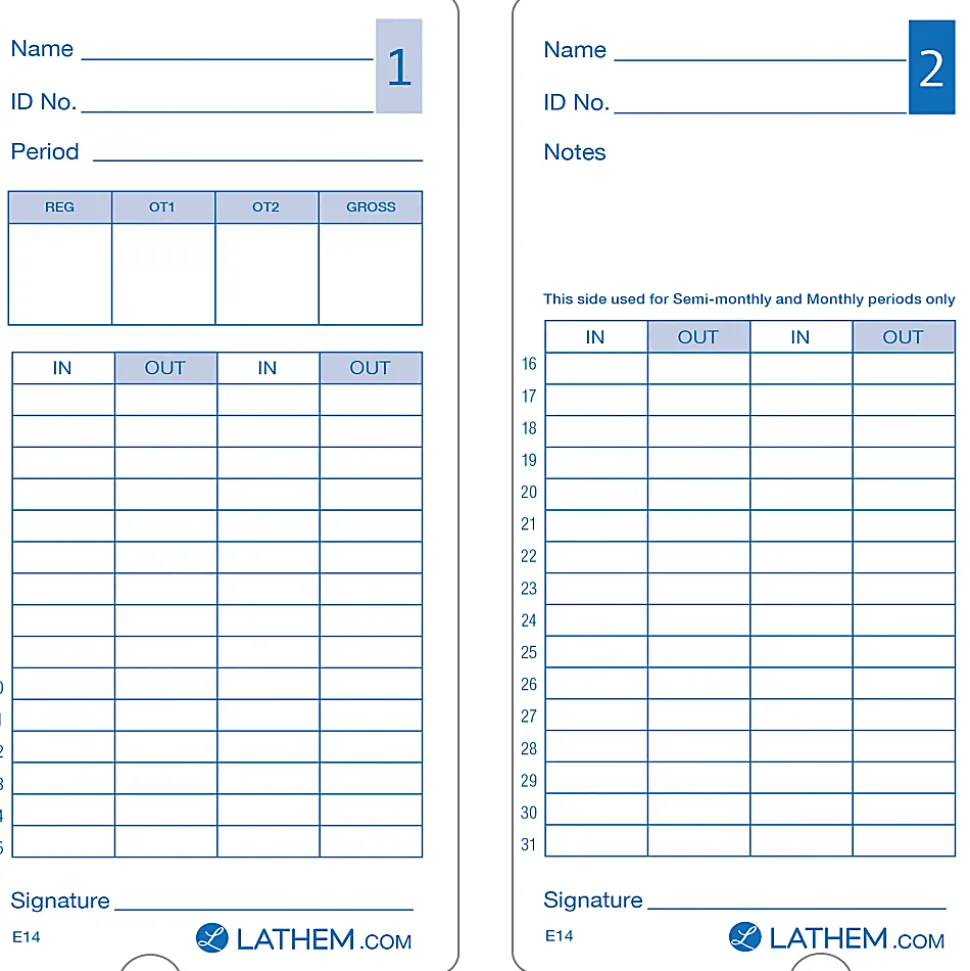 Lathem Model 400E Double Sided Time Cards - Double Sided Sheet - Blue Print Color - 100 / Pack