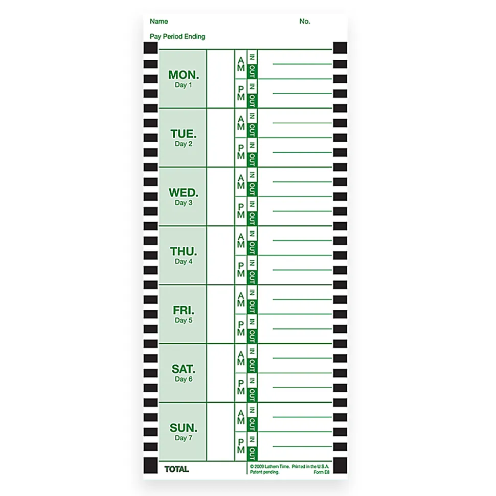 Lathem Time Cards, E8-100, Weekly, 1-Sided, 8 1/2" x 3 3/4", White, Box Of 100