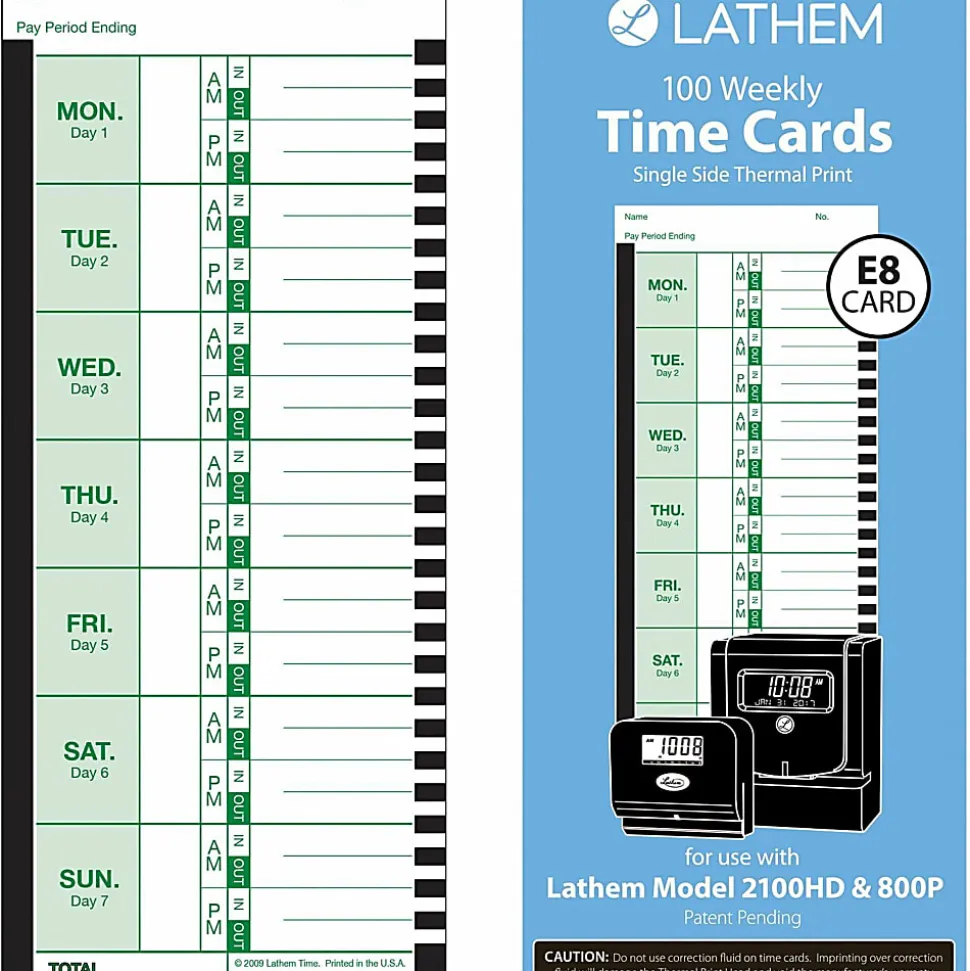 Lathem Time Cards, E8-100, Weekly, 1-Sided, 8 1/2" x 3 3/4", White, Box Of 100