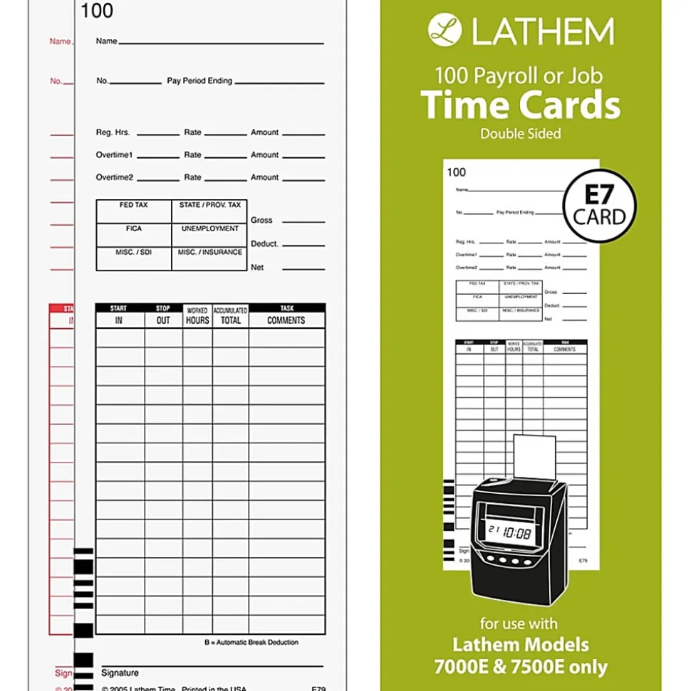 Lathem Time Cards, F/7000E, Numbered 1–100, 2-Sided, 3 3/8" x 9", White, Pack Of 100