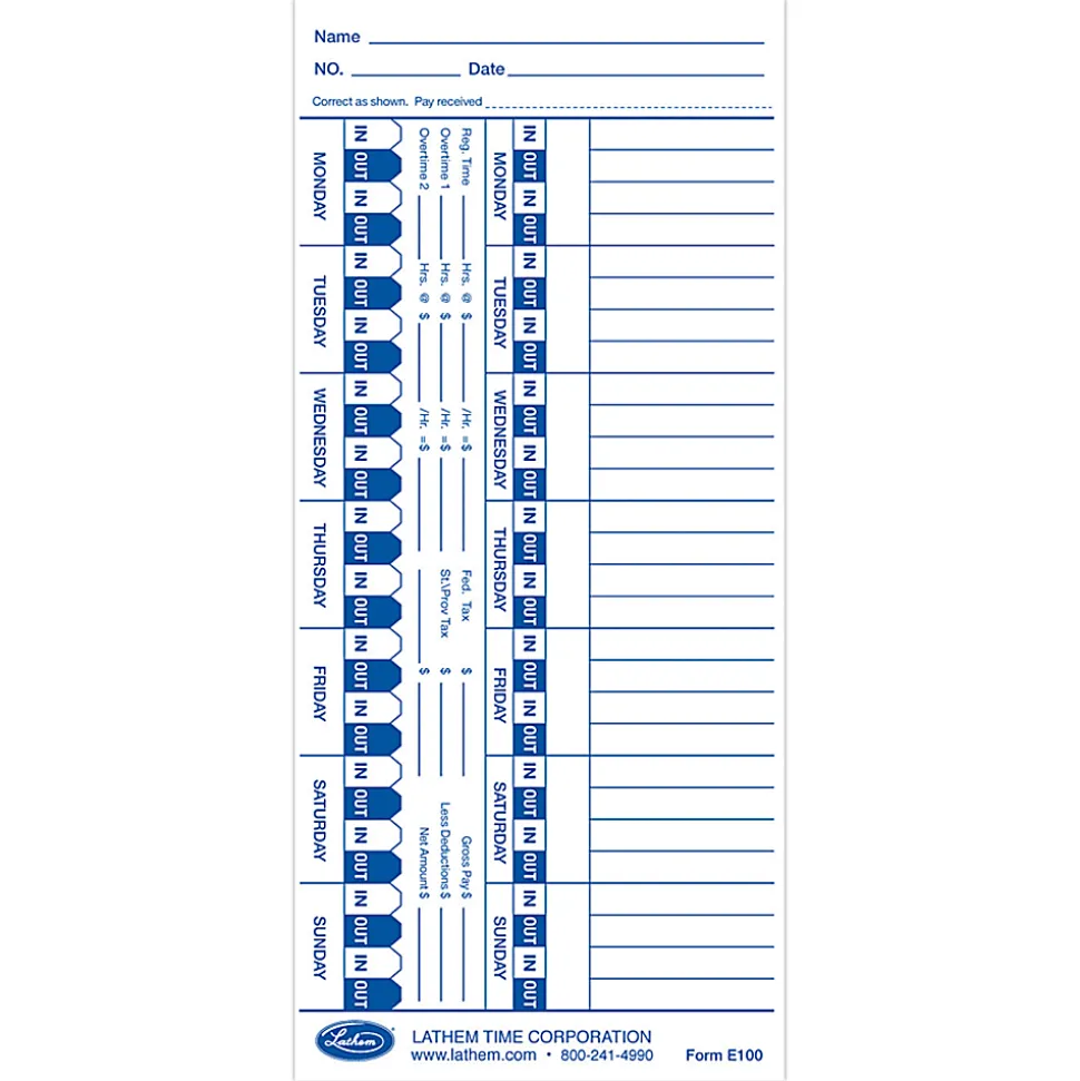 Lathem Time Cards For Electronic Side-Print Time Clocks, Weekly, 1-Sided, 4" x 9", Box Of 100