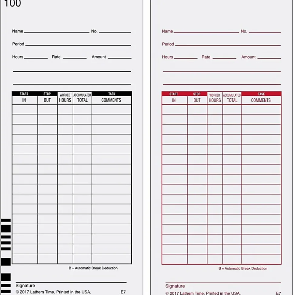 Lathem Time Cards, Numbered 1-100, 2-Sided, 3 3/8" x 7 1/4", Pack Of 100