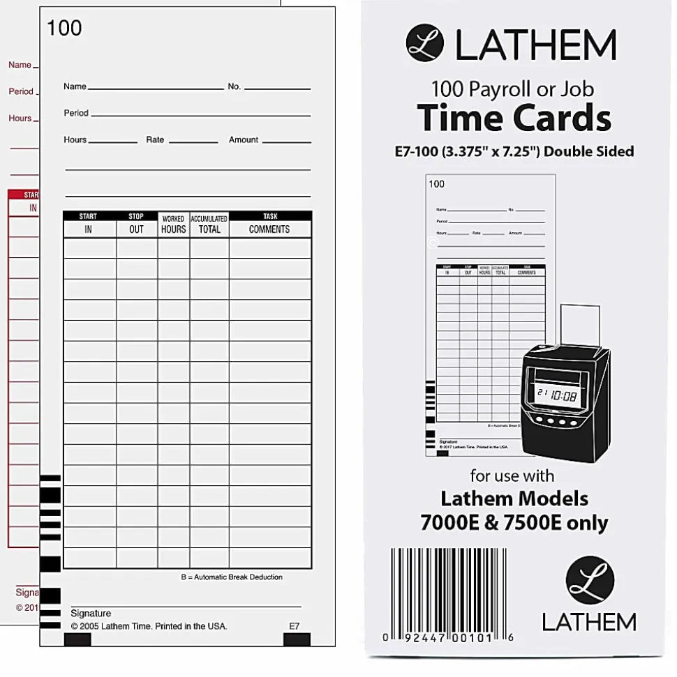 Lathem Time Cards, Numbered 1-100, 2-Sided, 3 3/8" x 7 1/4", Pack Of 100