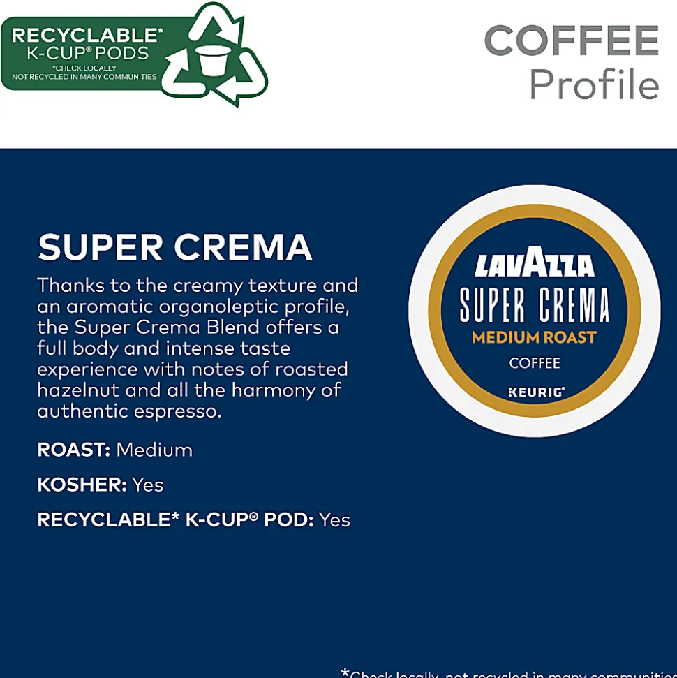 Lavazza® Super Crema Single Serve Keurig K-Cup® Pods, Medium Espresso Roast Coffee, 88 Count (4 Boxes of 22)