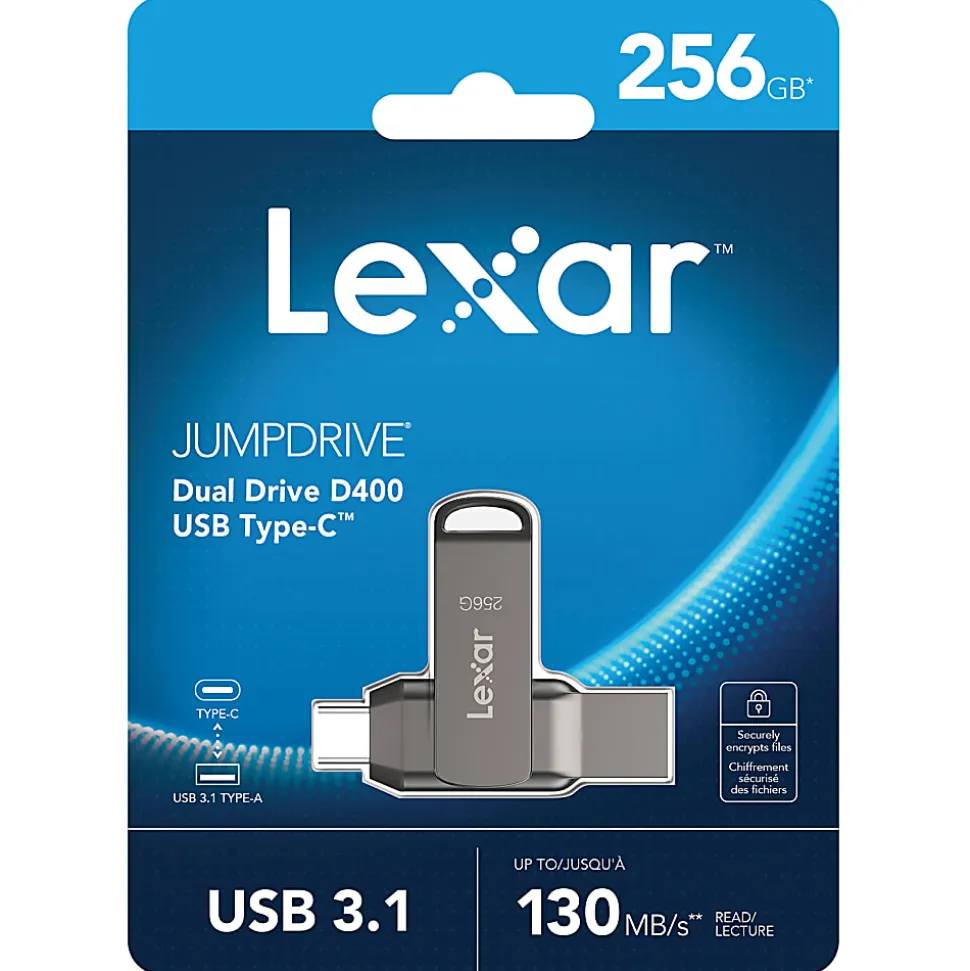Lexar JumpDrive Dual Drive D400 USB Flash Drive, 256 GB, Silver