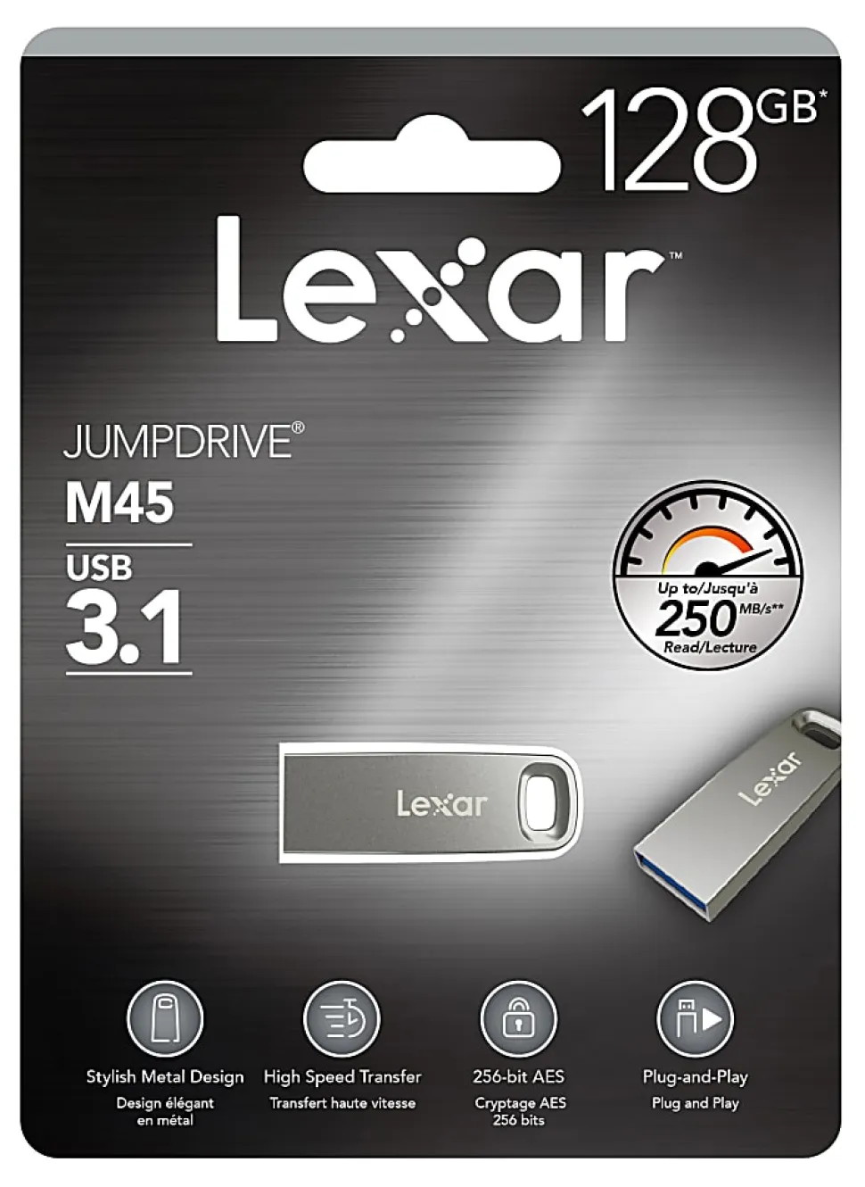 Lexar® JumpDrive® M45 USB 3.1 Flash Drive, 128GB, Silver, LJDM45-128ABSLNA