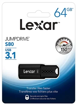 Lexar® JumpDrive® S80 USB 3.1 Flash Drive, 64GB, Black, LJDS80-64GBNBNU