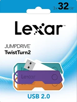 Lexar® JumpDrive® TwistTurn2 USB 2.0 Flash Drives, 32GB, Pack Of 3 Flash Drives, LJDTT2-32GABNA3