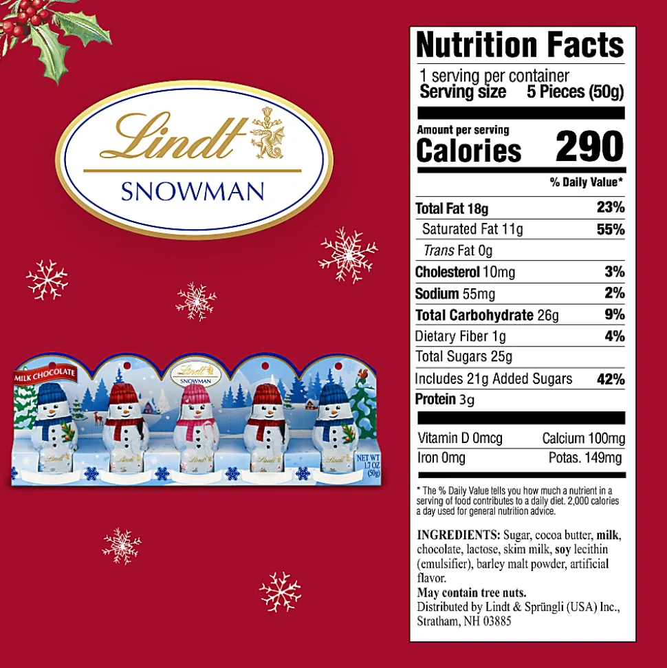 Lindt Holiday Mini Milk Chocolate Snowmen, 1.7 Oz, Pack Of 5 Snowmen