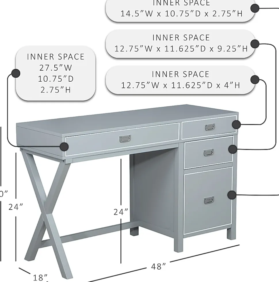 Linon Ari 48"W Home Office Writing Desk With Side Storage, Gray/Silver