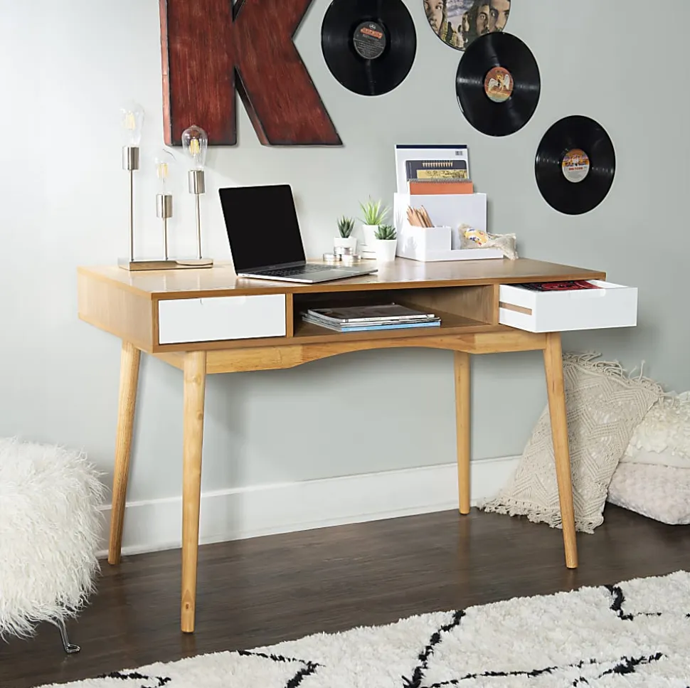 Linon Caden 48"W Home Office Computer Desk With Drawers, Natural/White