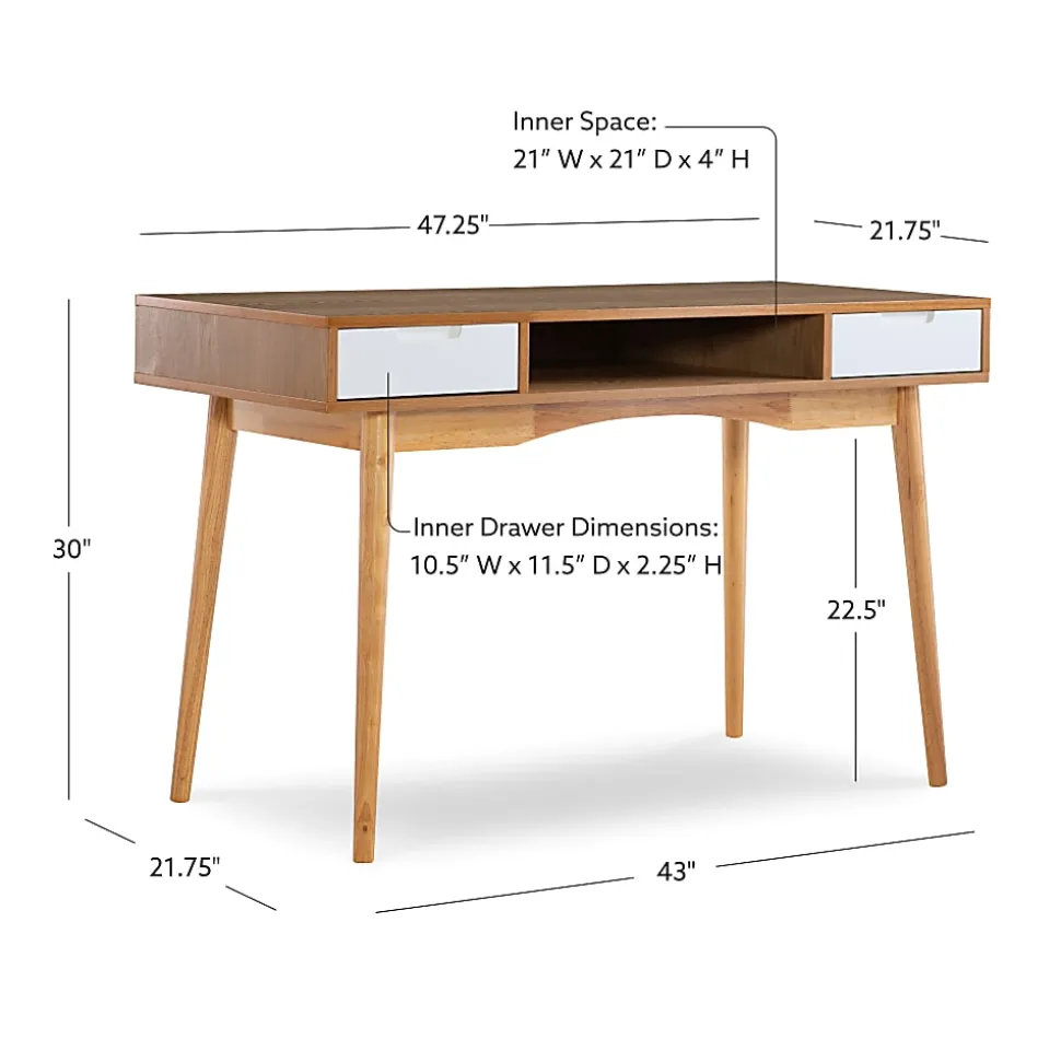 Linon Caden 48"W Home Office Computer Desk With Drawers, Natural/White