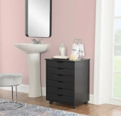Linon Casimer 6-Drawer Wide Rolling Home Office Storage Cart, Black