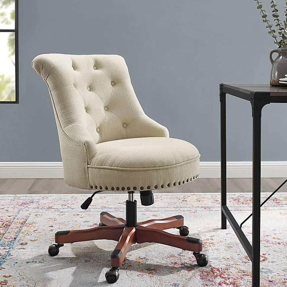 Linon Dallas Fabric Mid-Back Home Office Chair, Beige/Cherry