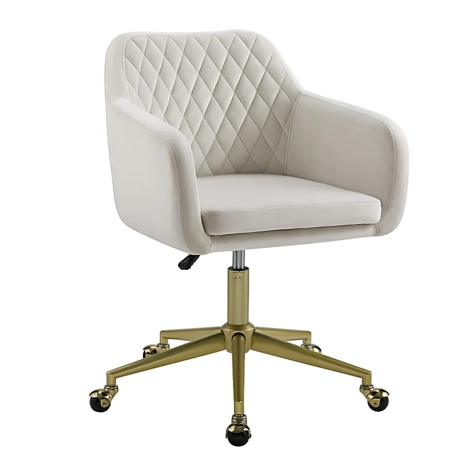 Linon Inman Quilted Fabric Mid-Back Home Office Chair, Off-White/Gold