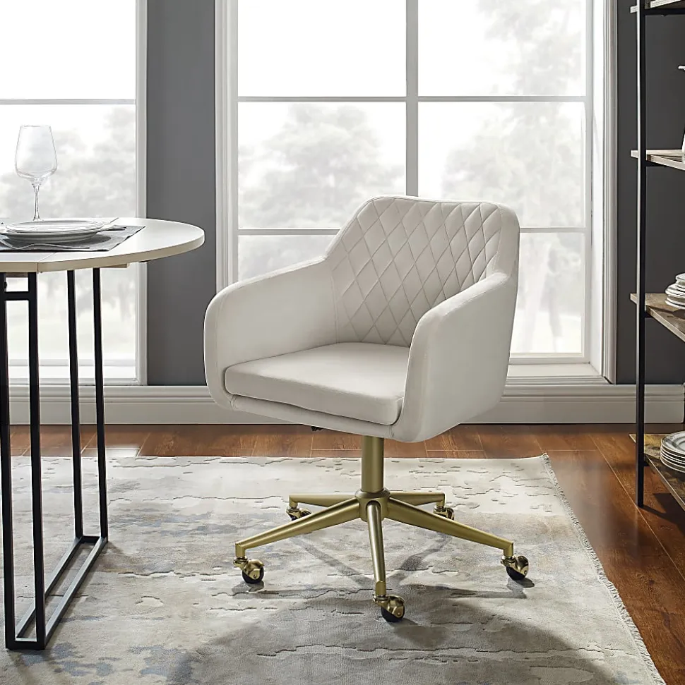 Linon Inman Quilted Fabric Mid-Back Home Office Chair, Off-White/Gold