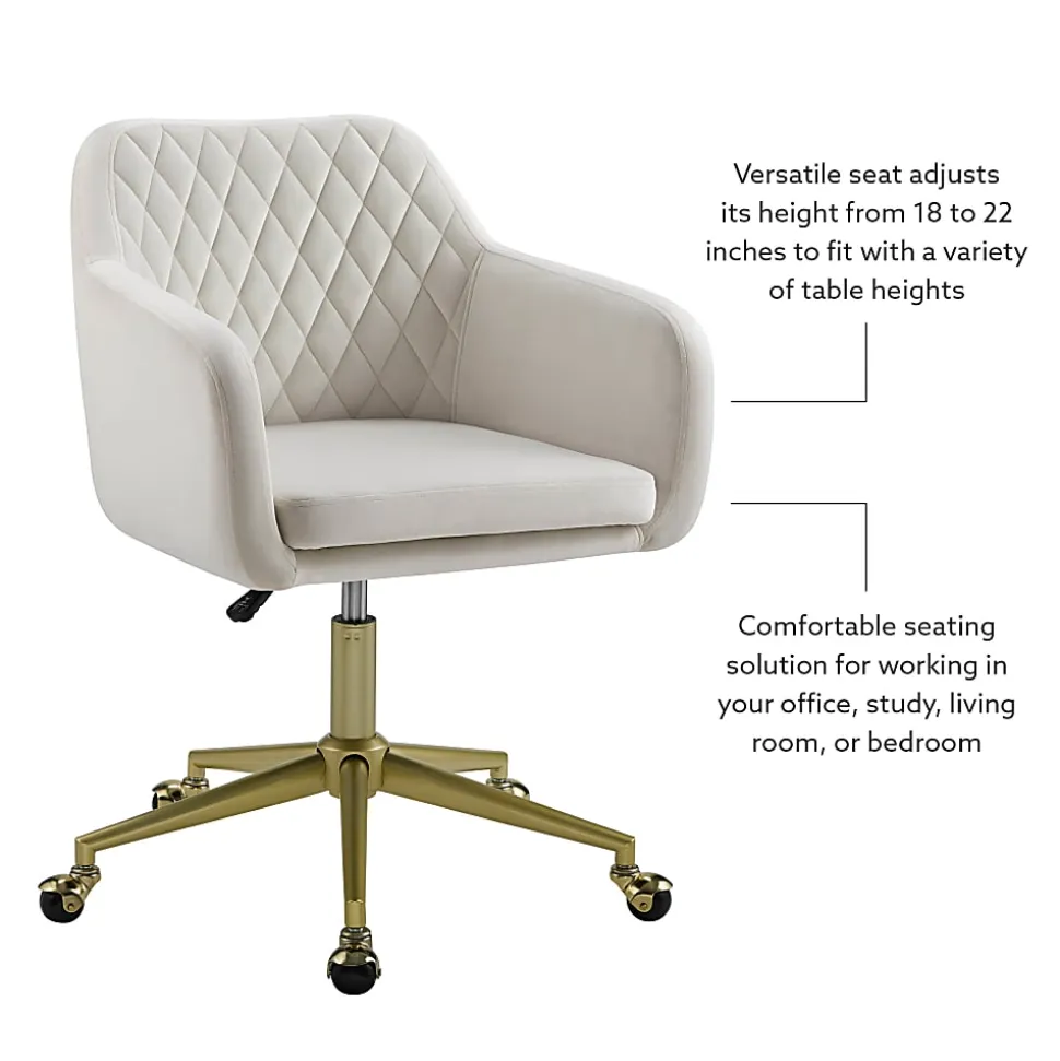 Linon Inman Quilted Fabric Mid-Back Home Office Chair, Off-White/Gold