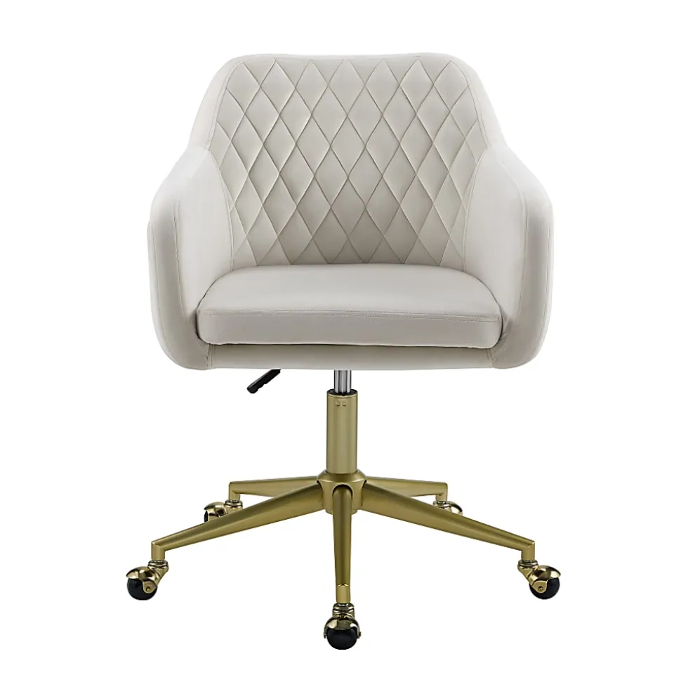 Linon Inman Quilted Fabric Mid-Back Home Office Chair, Off-White/Gold