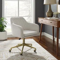 Linon Inman Quilted Fabric Mid-Back Home Office Chair, Off-White/Gold