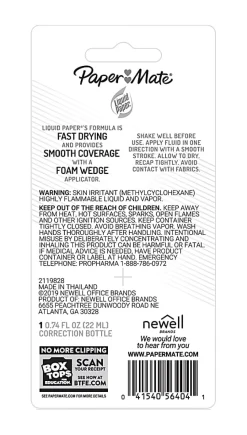 Liquid Paper Smooth Coverage Correction Fluid, Fast Dry, 22 mL Bottle