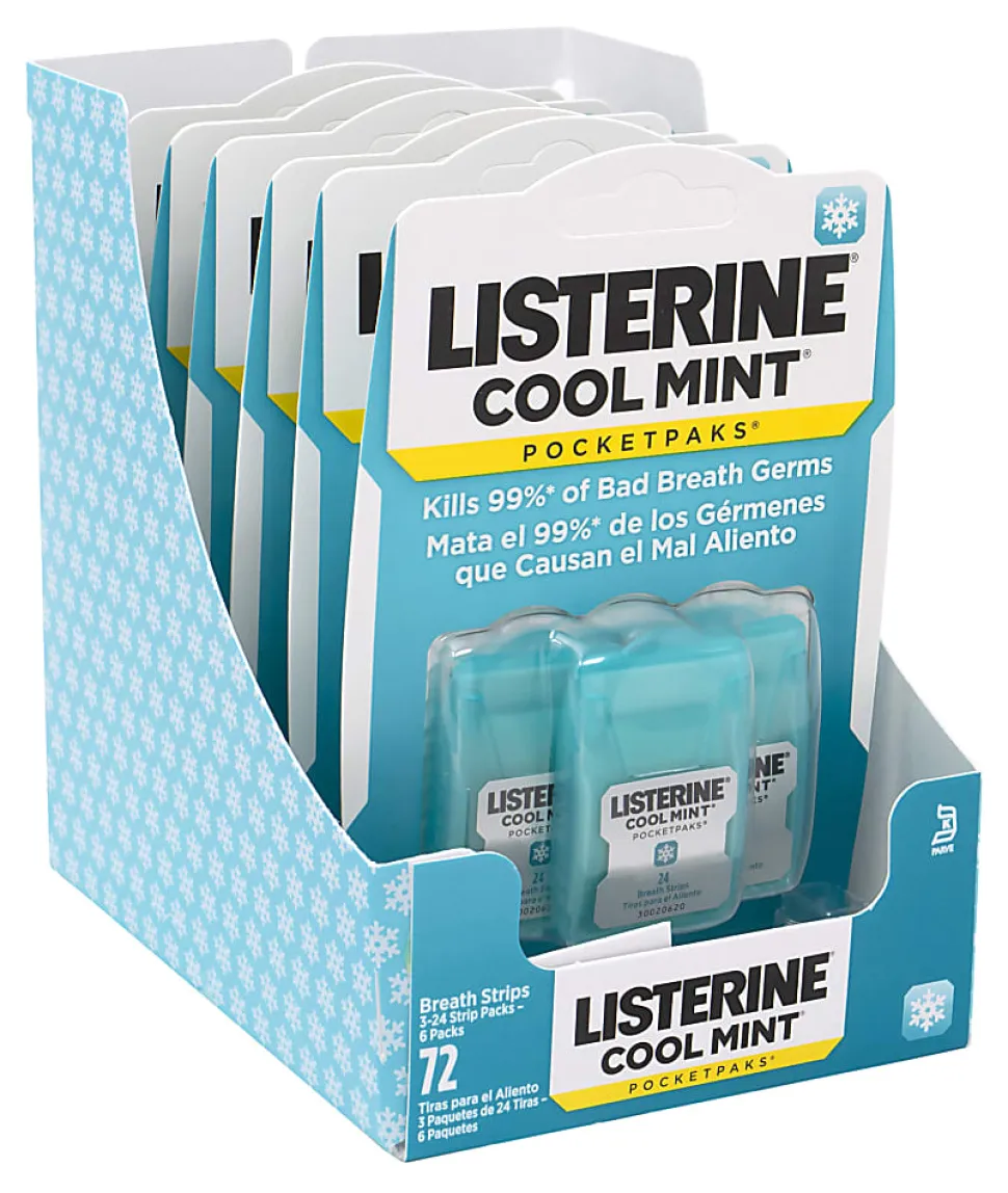 Listerine Cool Mint Pocketpacks Breath Strips, 24 Strips Per Pocketpack, Box Of 18 Pocketpacks