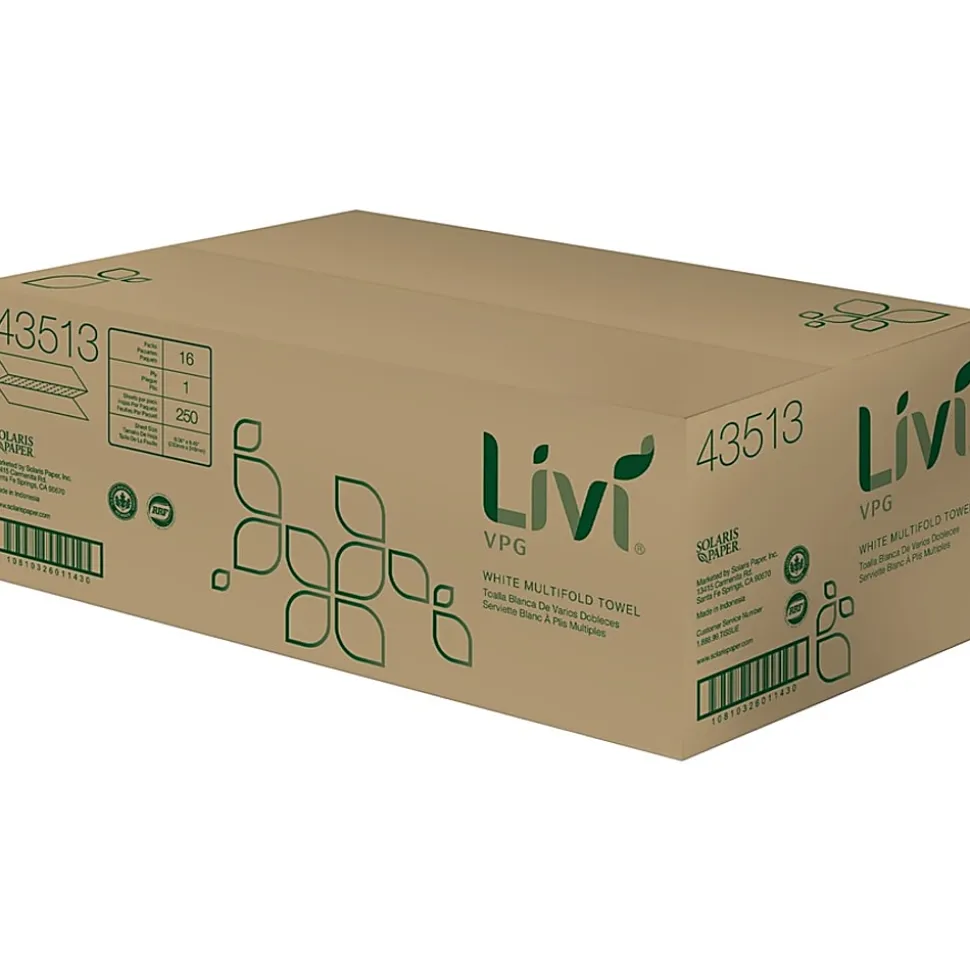 Livi VPG MultiFold Towel - 1 Ply - Multifold - 9.06" Width x 9.45" Length - White - Virgin Fiber, Paper - 250/Pack - 16 / Carton