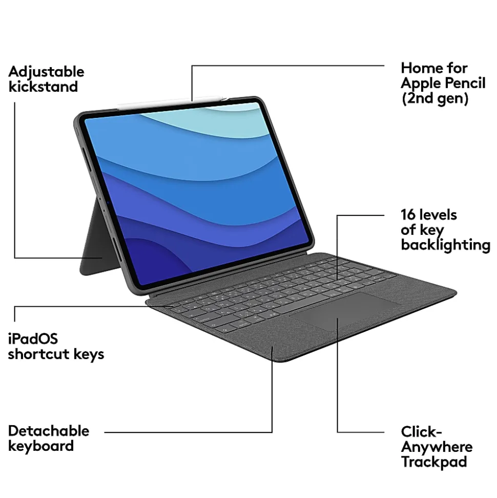 Logitech Combo Touch Keyboard/Cover Case for 12.9" Apple, Logitech iPad Pro (5th Generation) Tablet - 920010097