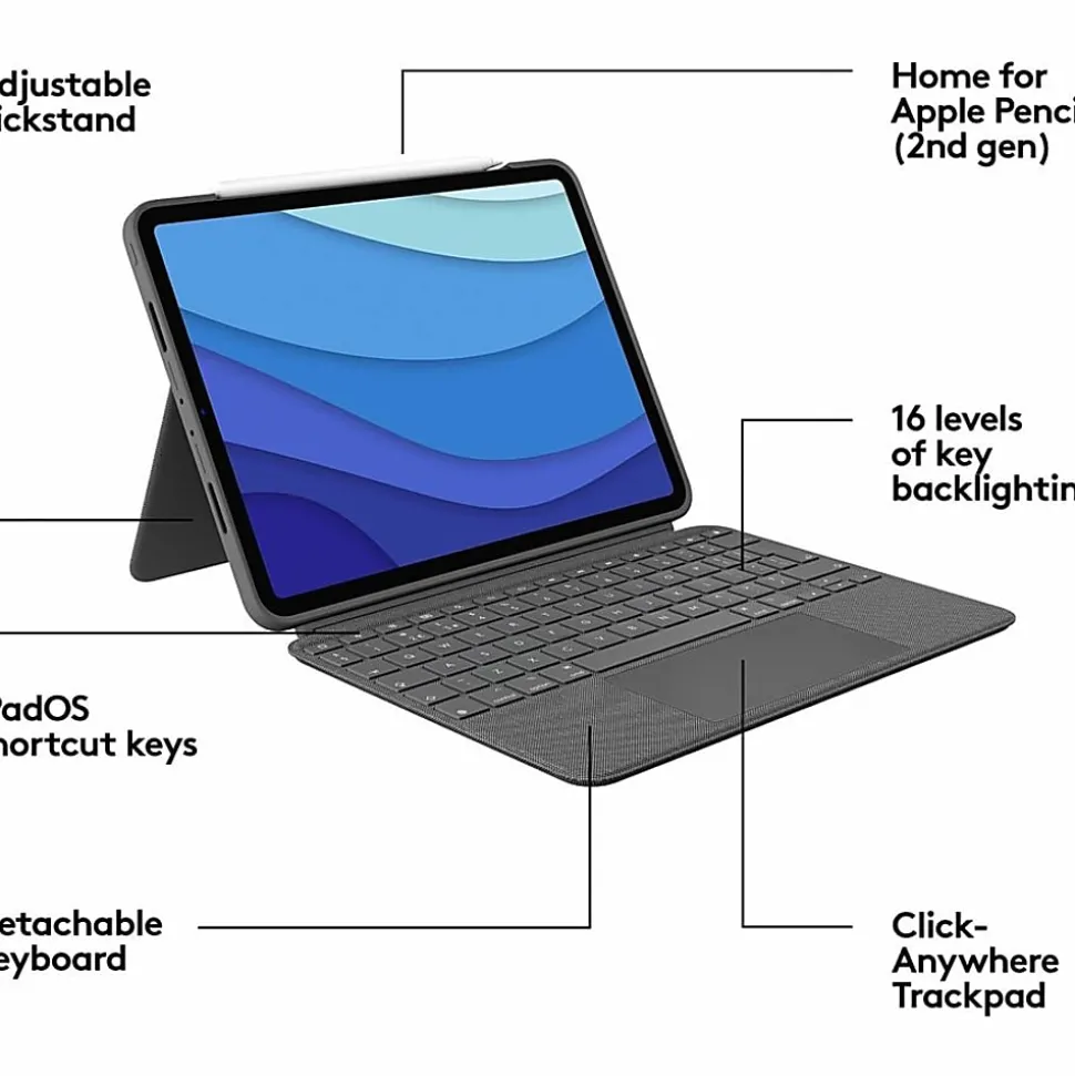 Logitech Combo Touch Keyboard/Cover Case for 11" Apple, Logitech iPad Pro, iPad Pro (2nd Generation), iPad Pro (3rd Generation) Tablet - Oxford Gray