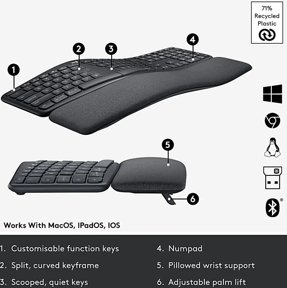 Logitech ERGO K860 Wireless Ergonomic Keyboard - Split Keyboard, Wrist Rest, Natural Typing, Stain-Resistant Fabric